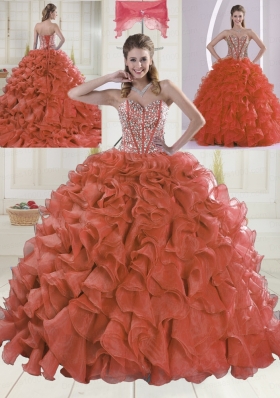 2015 Sweetheart Brush Train Red Quinceanera Dresses