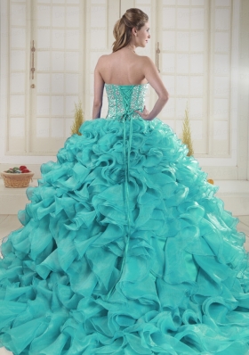 Aqua Blue Sweetheart Brush Train Beading Quinceanera Dresses