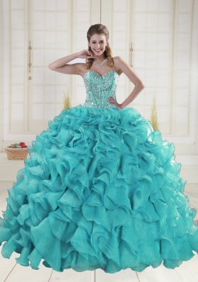 Aqua Blue Sweetheart Brush Train Beading Quinceanera Dresses