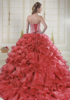 Beautiful Sweetheart Coral Red Quinceanera Dresses with Brush Train