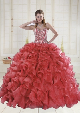 Beautiful Sweetheart Coral Red Quinceanera Dresses with Brush Train