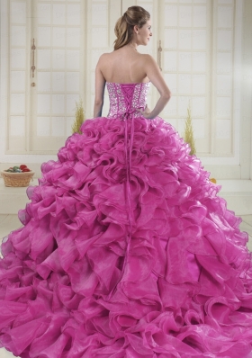 Hot Pink Sweetheart Brush Train Quinceanera Dresses in Sweet 16