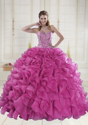 Hot Pink Sweetheart Brush Train Quinceanera Dresses in Sweet 16