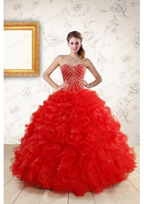 2015 Ball Gown Beading Quinceanera Dresses in Red