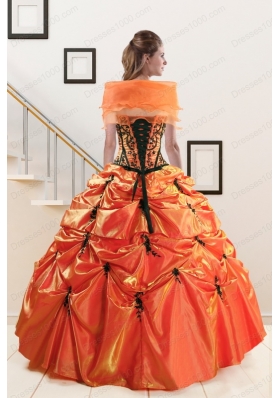 2015 Elegant Appliques Quinceanera Dresses in Orange Red and   Black