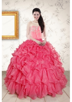 2015 Hot Pink Strapless Quinceanera Dresses with Beading and Ruffles