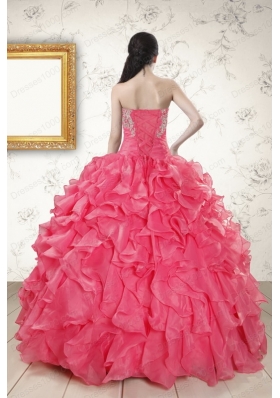 2015 Hot Pink Strapless Quinceanera Dresses with Beading and Ruffles