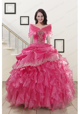 Appliques and Ruffles 2015 Hot Pink Quinceanera Gowns