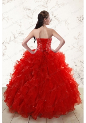 2015 Elegant Red Quinceanera Dresses with Beading and Ruffles