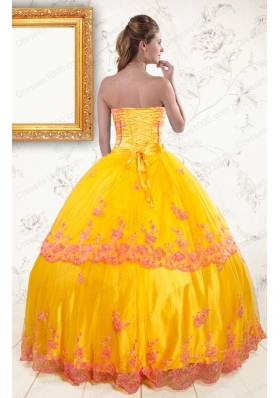 2015 Elegant Strapless Gold Quinceanera Dresses with Appliques