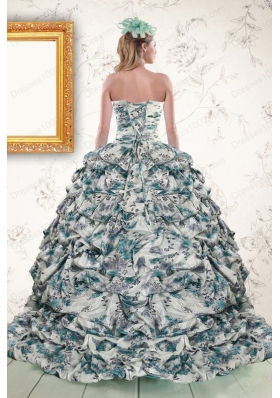 2015 Exquisite Turquoise Sweep Train Quinceanera Dresses with Beading and Picks Ups