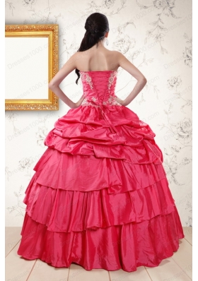 2015 Fashionable Appliques Sweet 16 Dresses in Coral Red