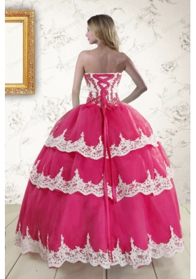 2015 Hot Pink Strapless Quinceanera Dresses with Appliques