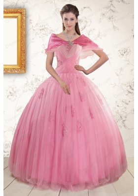 2015 Pretty Pink Quinceaneras Dresses with Appliques and Beading