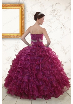 Cheap Burgundy Quinceanera Gown with Beading and Ruffles