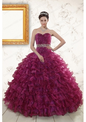 Cheap Burgundy Quinceanera Gown with Beading and Ruffles