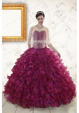 Cheap Burgundy Quinceanera Gown with Beading and Ruffles