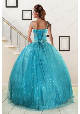 Elegant Spaghetti Straps Appliques Sequins Turquoise Quinceanera Dresses for 2015