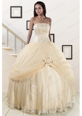 Fashionable Appliques 2015 Champagne Quinceanera Dress with Wraps