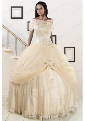Fashionable Appliques 2015 Champagne Quinceanera Dress with Wraps