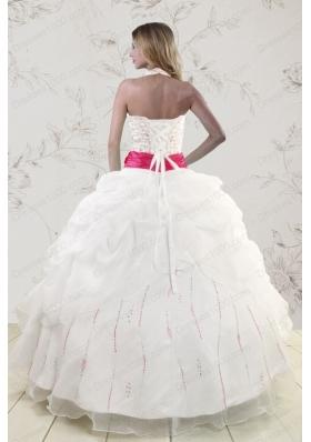In Stock Halter Belt Beading White 2015 Quinceanera Dresses
