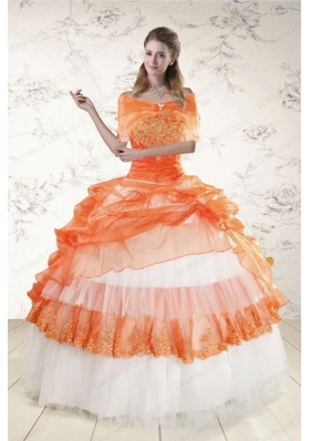 In Stock Perfect Strapless Appliques and Beaded Quinceanera Dresses in Orange