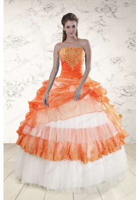 In Stock Perfect Strapless Appliques and Beaded Quinceanera Dresses in Orange