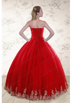 In Stock Red Strapless 2015 Quinceanera Dresses with Appliques