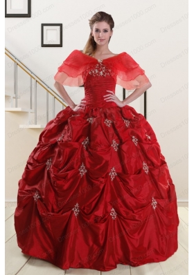 In Stock Strapless Wine Red Appliques Quinceanera Dresses for 2015