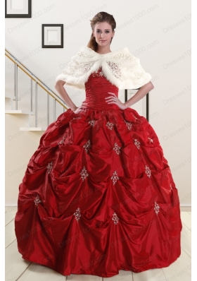 In Stock Strapless Wine Red Appliques Quinceanera Dresses for 2015