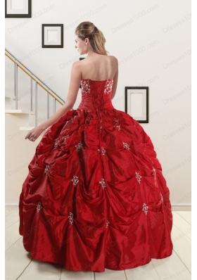 In Stock Strapless Wine Red Appliques Quinceanera Dresses for 2015
