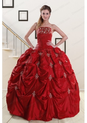 In Stock Strapless Wine Red Appliques Quinceanera Dresses for 2015