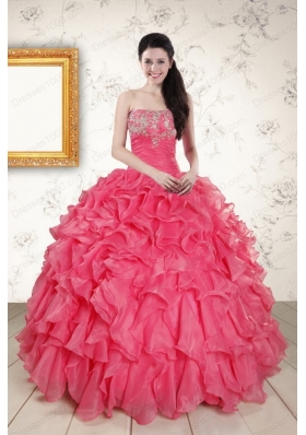Strapless Beading and Ruffles Cheap Quinceanera Dresses in Hot Pink