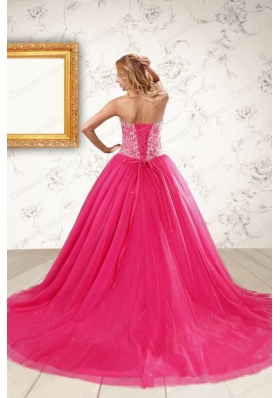 2015 Cheap Hot Pink Quinceanera Dresses with Beading and Appliques