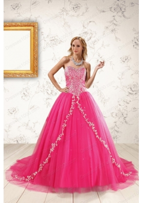2015 Cheap Hot Pink Quinceanera Dresses with Beading and Appliques