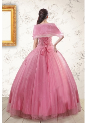 2015 Cheap Pink Quinceaneras Dresses with Appliques and Beading
