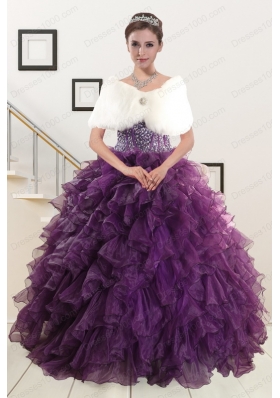 2015 Cheap Purple Quinceanera Dresses with Beading and Ruffles