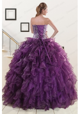 2015 Cheap Purple Quinceanera Dresses with Beading and Ruffles