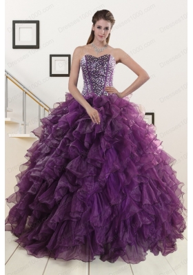2015 Cheap Purple Quinceanera Dresses with Beading and Ruffles