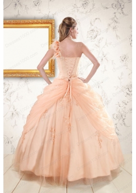 2015 Fashionable One Shoulder Appliques Quinceanera Dress in Peach