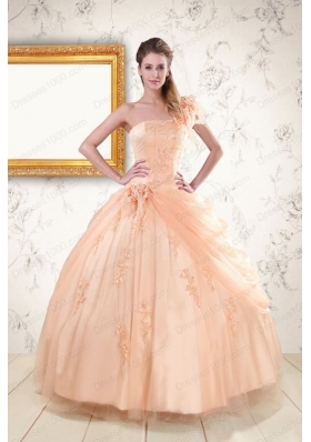 2015 Fashionable One Shoulder Appliques Quinceanera Dress in Peach