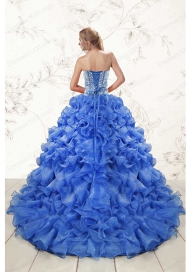 Cheap Beaded Royal Blue Sweet 15 Dresses with Sweep Train