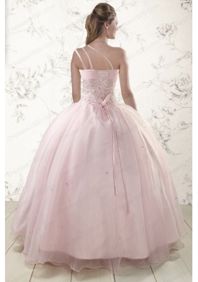 Cheap One Shoulder Beading Light Pink Quinceanera Dresses for 2015