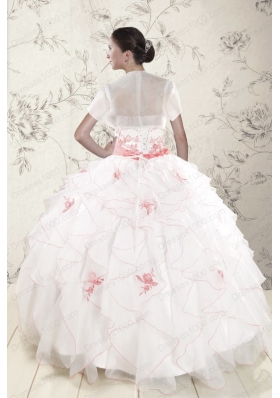 Cheap White Quinceanera Dresses with Pink Appliques and Ruffles