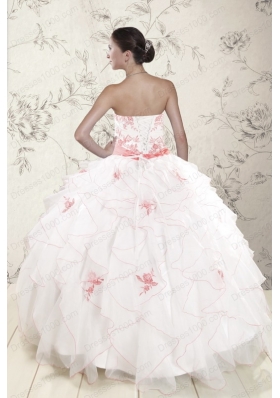 Cheap White Quinceanera Dresses with Pink Appliques and Ruffles