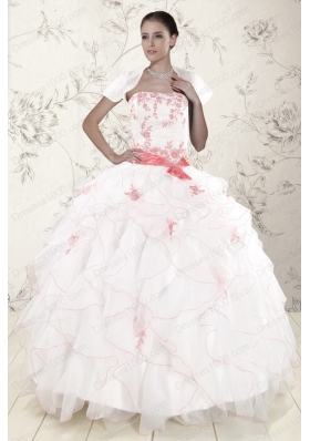 Cheap White Quinceanera Dresses with Pink Appliques and Ruffles