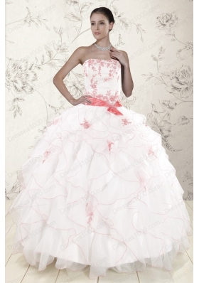 Cheap White Quinceanera Dresses with Pink Appliques and Ruffles
