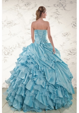 Fashionable Beading Ruffles Aqua Blue Organza Quinceanera Dresses for 2015