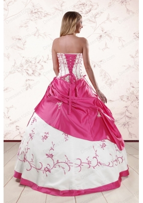 Fashionable Embroidery Sweet 15 Dresses in White and Hot Pink