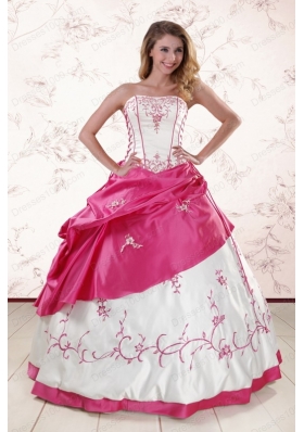 Fashionable Embroidery Sweet 15 Dresses in White and Hot Pink
